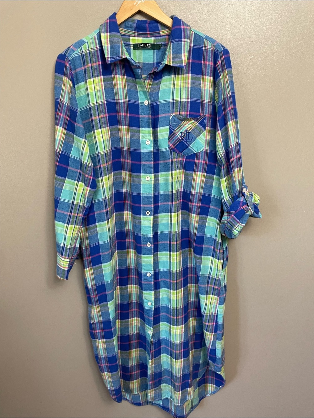 Ralph Lauren Flannel Large Pajama Night Gown plaid boyfriend